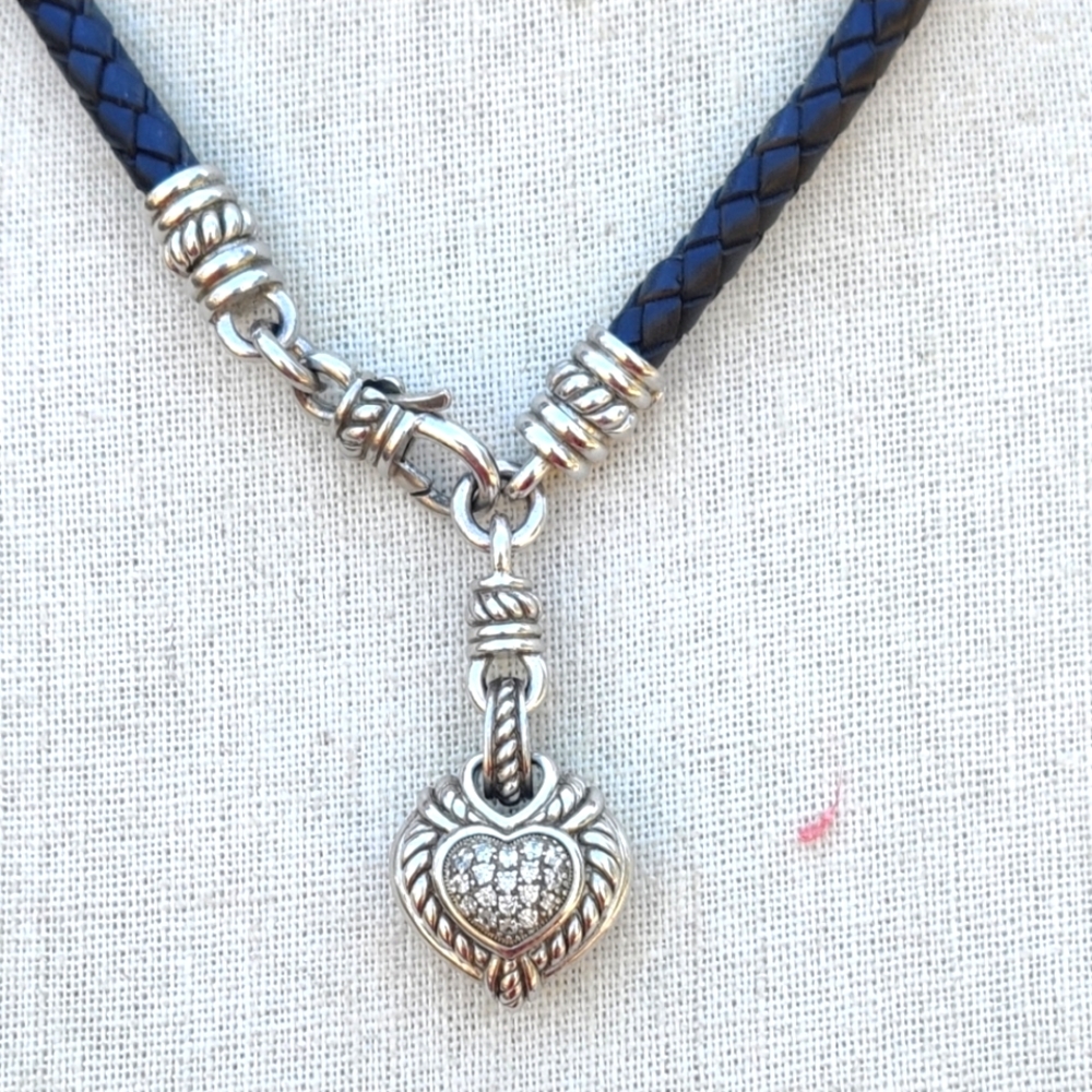 Judith Ripka Black Leather and Sterling Silver Heart Necklace